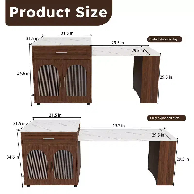 Îlot de cuisine mobile de 80 pouces avec comptoir extensible à grain de marbre, armoire, tiroirs et espace repas, finition noyer pour la préparation et le repas dans la cuisine