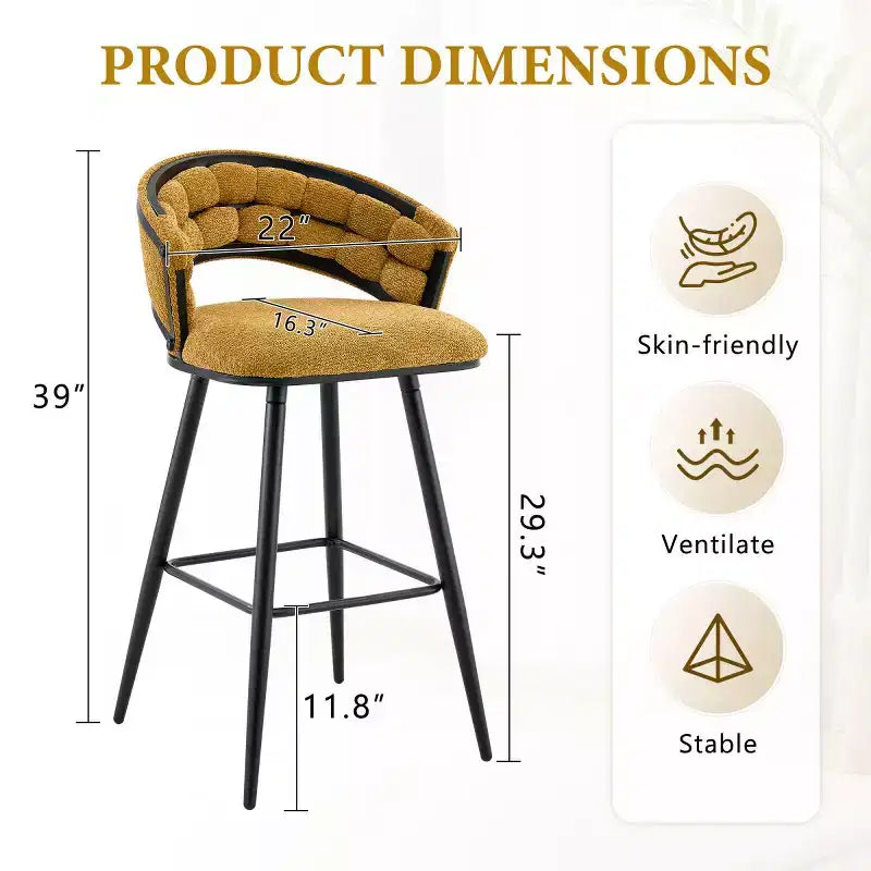 Lot de 2 tabourets de bar modernes rembourrés avec dossier incurvé, hauteur d'assise de 73,7 cm, pieds en fer noir pour îlot de cuisine ou bar à domicile-Panipeachy