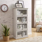 VIYET 63 Meuble vitrine à 4 niveaux en verre, meuble de collection en MDF blanc + verre trempé (portes relevables pour objets de collection/jouets/livres)