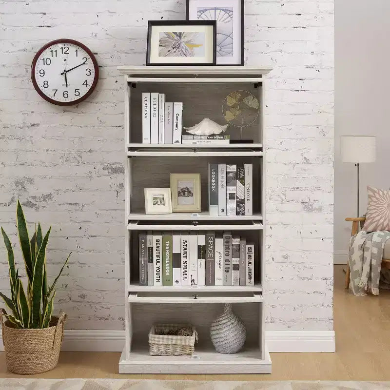 VIYET 63 Meuble vitrine à 4 niveaux en verre, meuble de collection en MDF blanc + verre trempé (portes relevables pour objets de collection/jouets/livres)