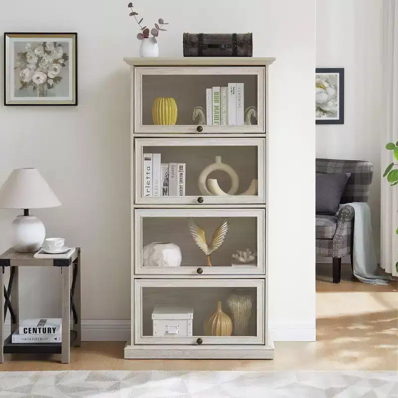 VIYET 63 Meuble vitrine à 4 niveaux en verre, meuble de collection en MDF blanc + verre trempé (portes relevables pour objets de collection/jouets/livres)