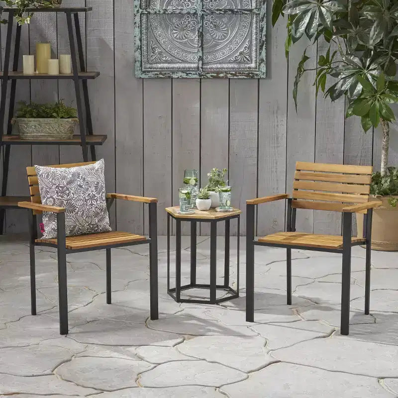 MAYEERTY Ensemble de fauteuils de salle à manger d'extérieur en bois d'acacia, chaises à lattes stables de style industriel moderne pour patio ou jardin