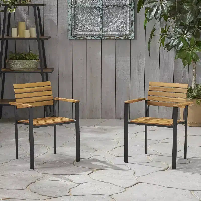 MAYEERTY Ensemble de fauteuils de salle à manger d'extérieur en bois d'acacia, chaises à lattes stables de style industriel moderne pour patio ou jardin