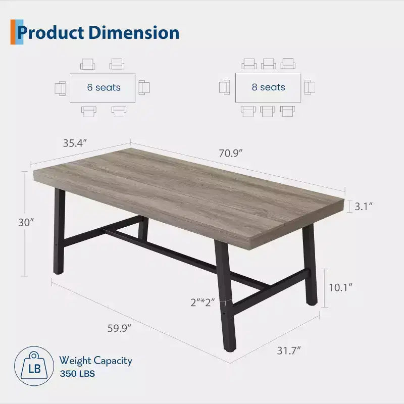 Table à manger industrielle de 70,87 po pour 6 à 8 personnes, longue table de cuisine en bois avec cadre métallique robuste et finition noire, peut accueillir 6 personnes (comptoir rectangulaire)