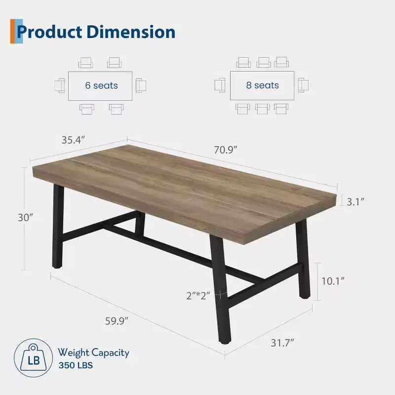 Table à manger industrielle de 70,87 po pour 6 à 8 personnes, longue table de cuisine en bois avec cadre métallique robuste et finition noire, peut accueillir 6 personnes (comptoir rectangulaire)