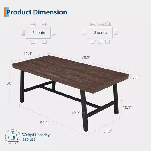 Table à manger industrielle de 70,87 po pour 6 à 8 personnes, longue table de cuisine en bois avec cadre métallique robuste et finition noire, peut accueillir 6 personnes (comptoir rectangulaire)