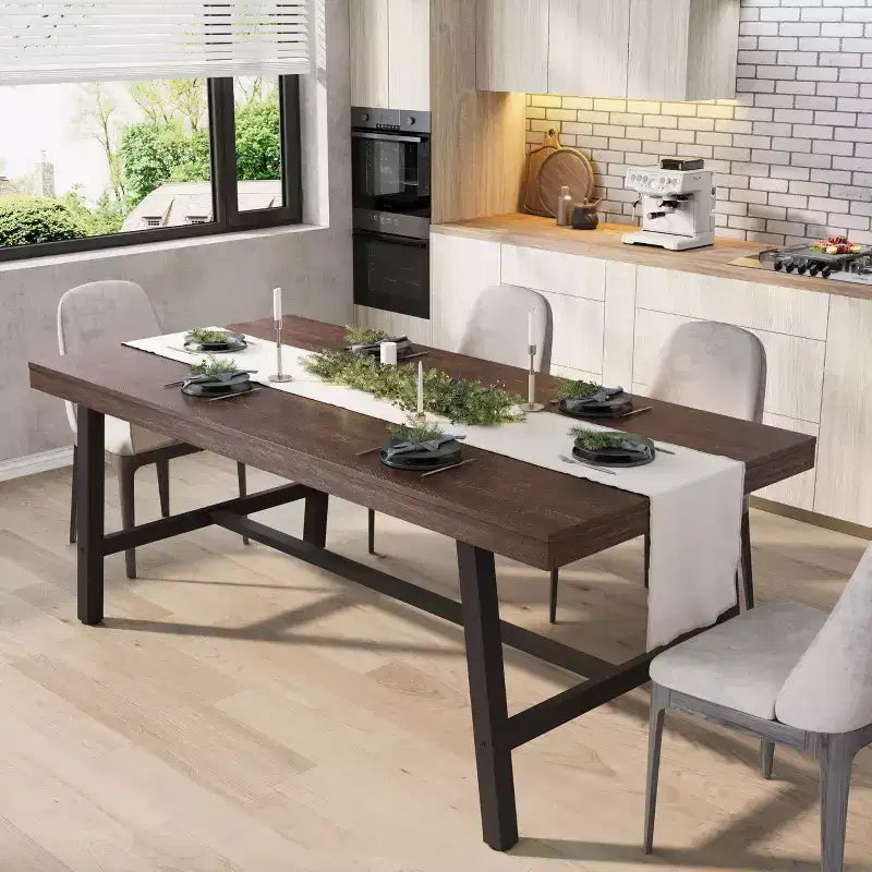 70.87 Industrial Dining Table for 6-8 People, Long Wooden Kitchen Table with Sturdy Metal Frame & Black Finish, Seats 6 Rectangular Counter