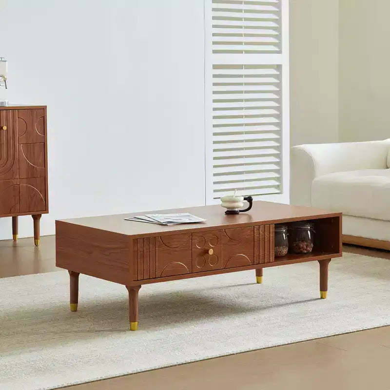 JVNOXK 47.2-inch Vintage Art Deco Style Living Room Side Table Coffee Table, Mid-Century Geometric Carved Drawer Center Table,Home Decor Piece,Walnut