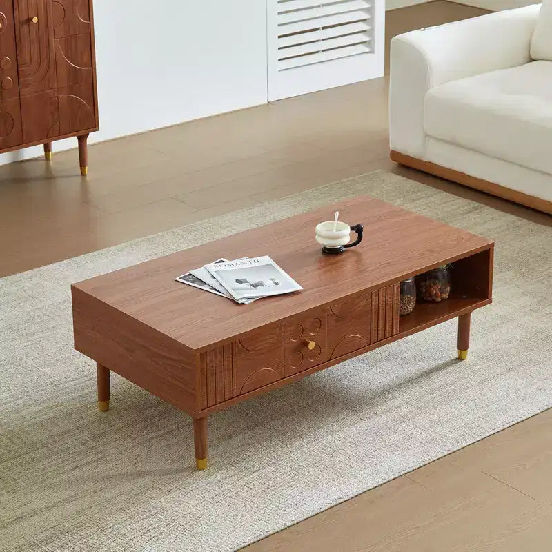 JVNOXK Table d'appoint de salon style Art déco vintage de 47,2 pouces, Table basse, Table centrale à tiroirs sculptés géométriques de style Mid-Century, Élément de décoration intérieure, Noyer