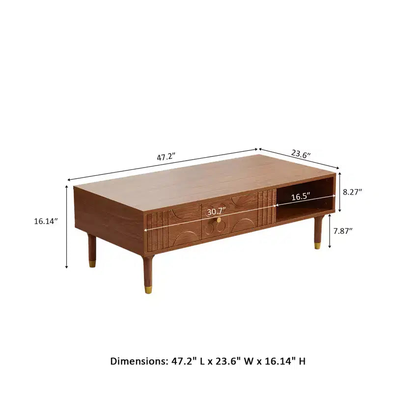 JVNOXK Table d'appoint de salon style Art déco vintage de 47,2 pouces, Table basse, Table centrale à tiroirs sculptés géométriques de style Mid-Century, Élément de décoration intérieure, Noyer