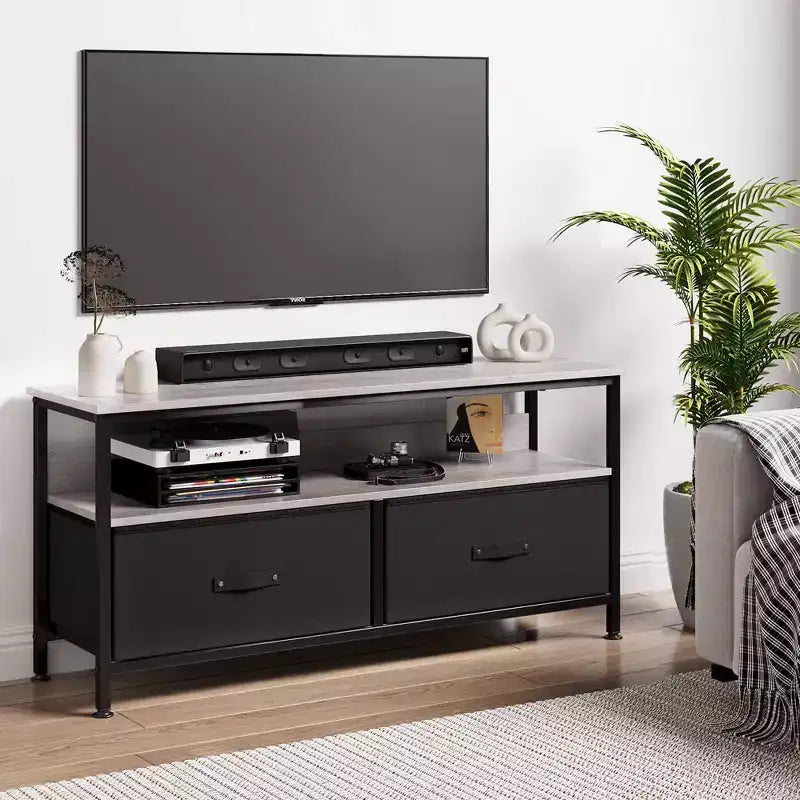 Meuble TV, Centre de divertissement avec rangement, Meuble TV 50 pouces pour chambre, Petite commode TV avec tiroirs et étagères