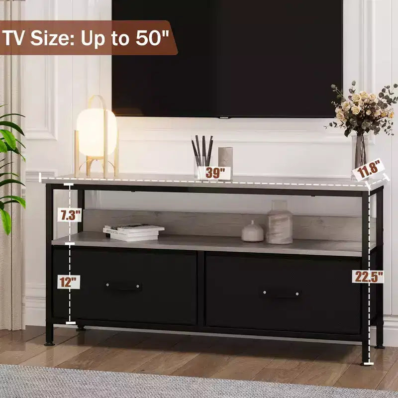 Meuble TV, Centre de divertissement avec rangement, Meuble TV 50 pouces pour chambre, Petite commode TV avec tiroirs et étagères