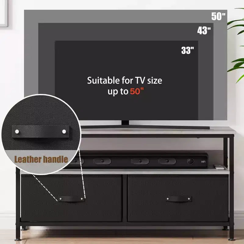 Meuble TV, Centre de divertissement avec rangement, Meuble TV 50 pouces pour chambre, Petite commode TV avec tiroirs et étagères
