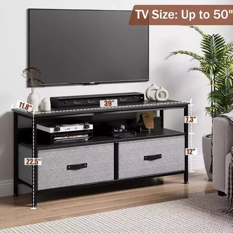 Meuble TV, Centre de divertissement avec rangement, Meuble TV 50 pouces pour chambre, Petite commode TV avec tiroirs et étagères