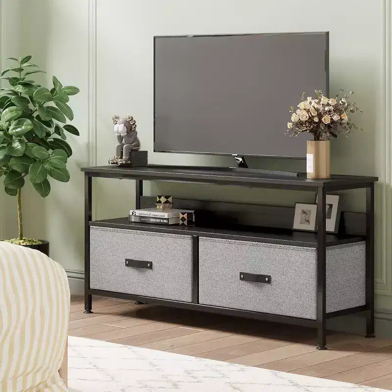 Meuble TV, Centre de divertissement avec rangement, Meuble TV 50 pouces pour chambre, Petite commode TV avec tiroirs et étagères