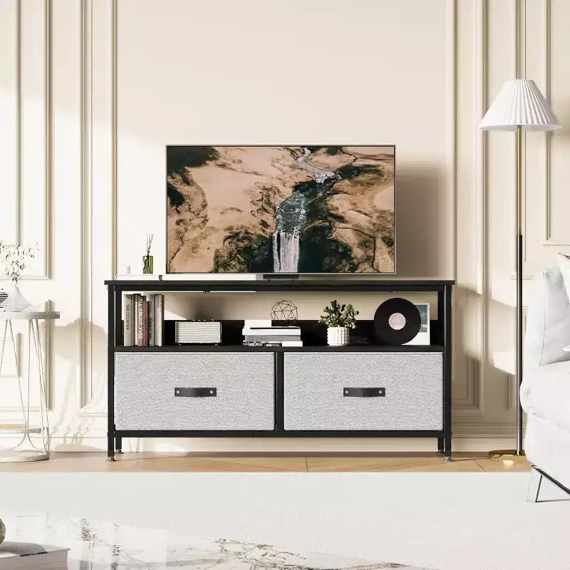 Meuble TV, Centre de divertissement avec rangement, Meuble TV 50 pouces pour chambre, Petite commode TV avec tiroirs et étagères
