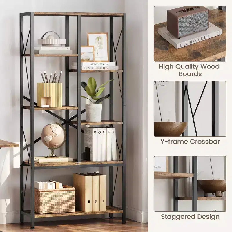 COZONY Industrial Split-Level Tall Bookcase, Vintage Metal Frame Open Display Racks for Living Room Bedroom Home Office