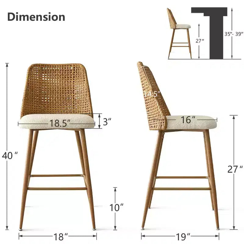 Lot de 4 tabourets de comptoir en bouclette et rotin, chaises de bar de 68,5 cm rembourrées avec dossier en rotin pour îlot de cuisine ou bar à petit-déjeuner - Panipeachy