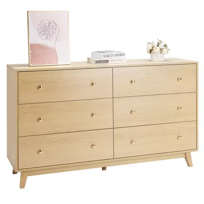 6-Drawer Wooden Dresser with Metal Rails Anti-Tip Design Smooth Sliding for Bedroom Light Wood