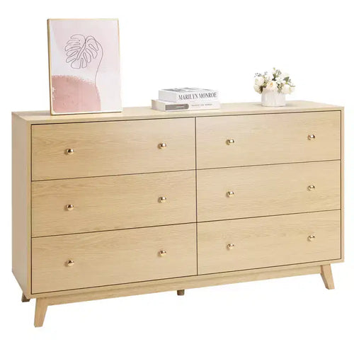6-Drawer Wooden Dresser with Metal Rails Anti-Tip Design Smooth Sliding for Bedroom Light Wood