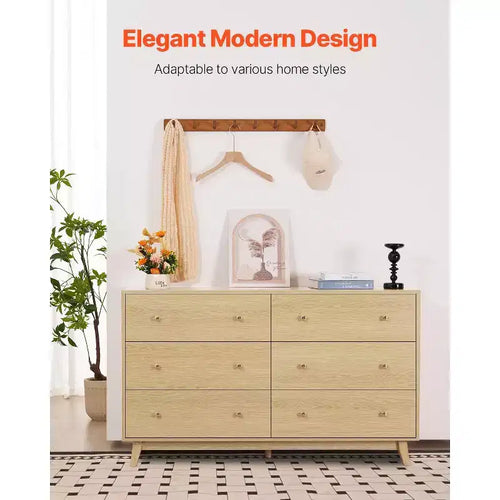 Commode en bois 6 tiroirs avec rails métalliques, anti-basculement, glissement doux pour chambre à coucher, bois clair