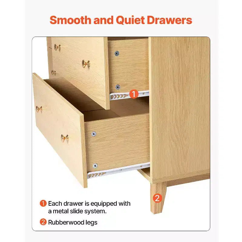 Commode en bois 6 tiroirs avec rails métalliques, anti-basculement, glissement doux pour chambre à coucher, bois clair