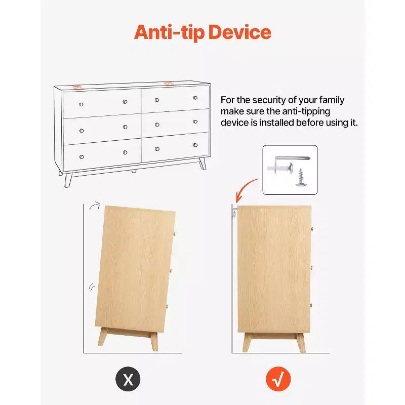 Commode en bois 6 tiroirs avec rails métalliques, anti-basculement, glissement doux pour chambre à coucher, bois clair