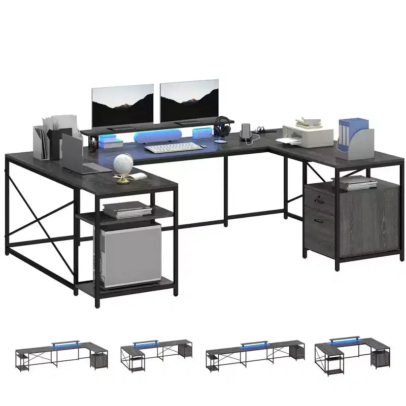 Bureau en U de 79 pouces, bureau réversible en L avec tiroirs, bureau d'angle pour ordinateur avec support d'écran et étagères de rangement