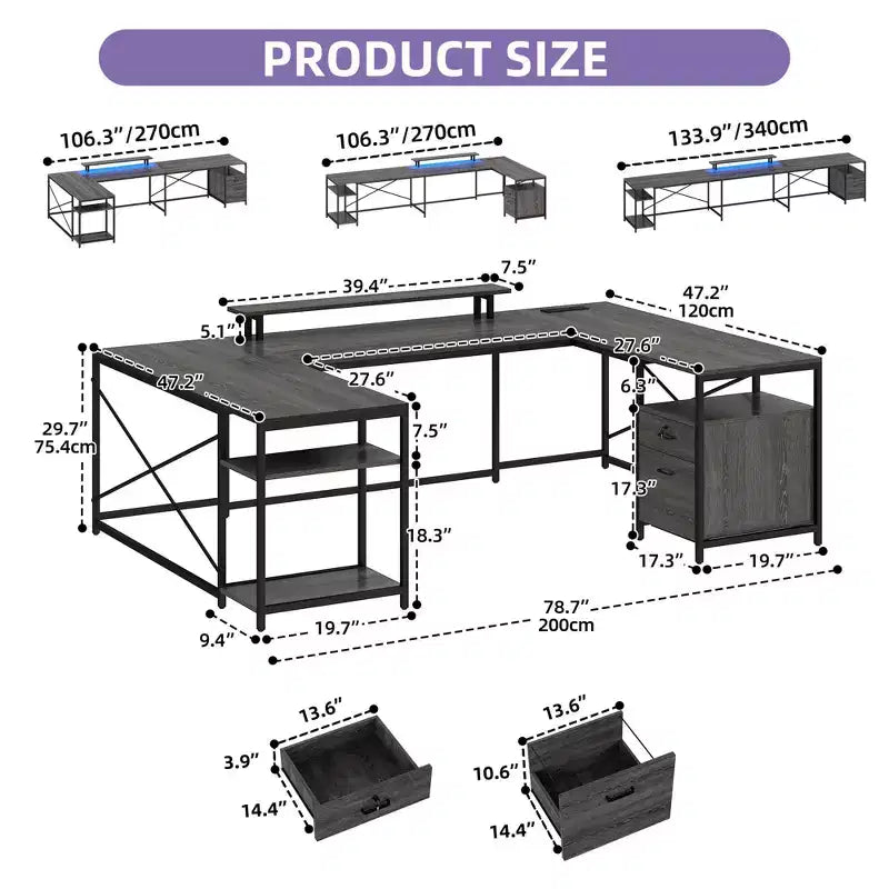 Bureau en U de 79 pouces, bureau réversible en L avec tiroirs, bureau d'angle pour ordinateur avec support d'écran et étagères de rangement