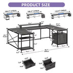 Bureau en U de 79 pouces, bureau réversible en L avec tiroirs, bureau d'angle pour ordinateur avec support d'écran et étagères de rangement