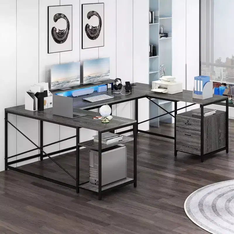 Bureau en U de 79 pouces, bureau réversible en L avec tiroirs, bureau d'angle pour ordinateur avec support d'écran et étagères de rangement