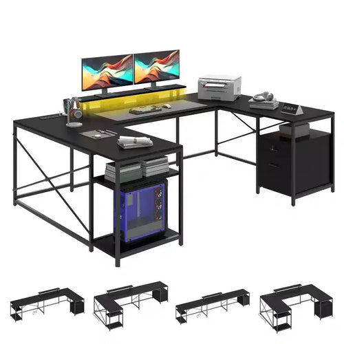 Bureau en U de 79 pouces, bureau réversible en L avec tiroirs, bureau d'angle pour ordinateur avec support d'écran et étagères de rangement
