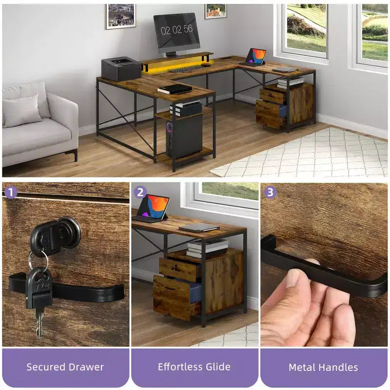 Bureau en U de 79 pouces, bureau réversible en L avec tiroirs, bureau d'angle pour ordinateur avec support d'écran et étagères de rangement