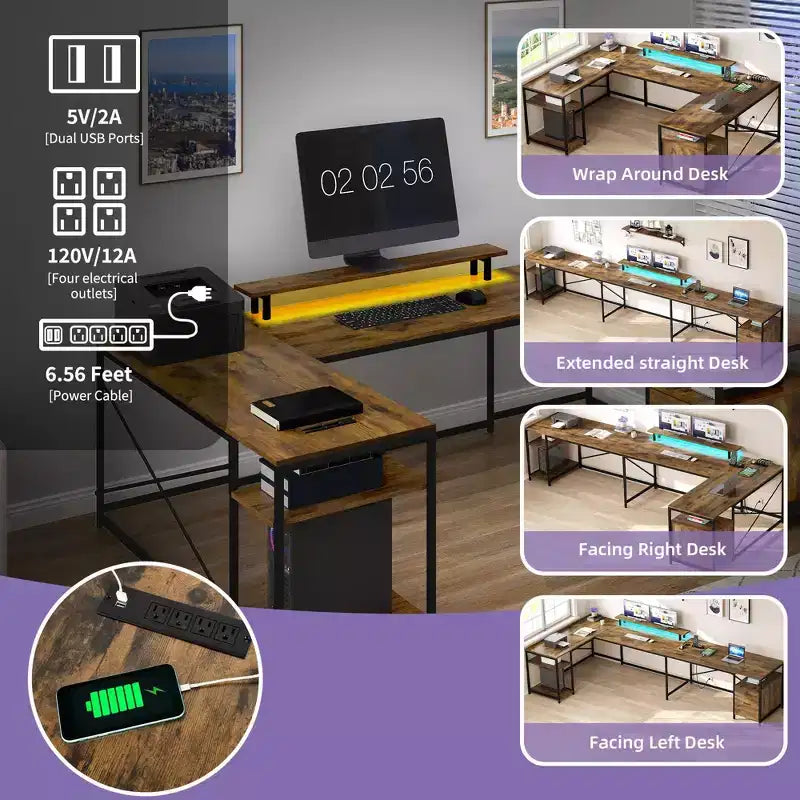 Bureau en U de 79 pouces, bureau réversible en L avec tiroirs, bureau d'angle pour ordinateur avec support d'écran et étagères de rangement