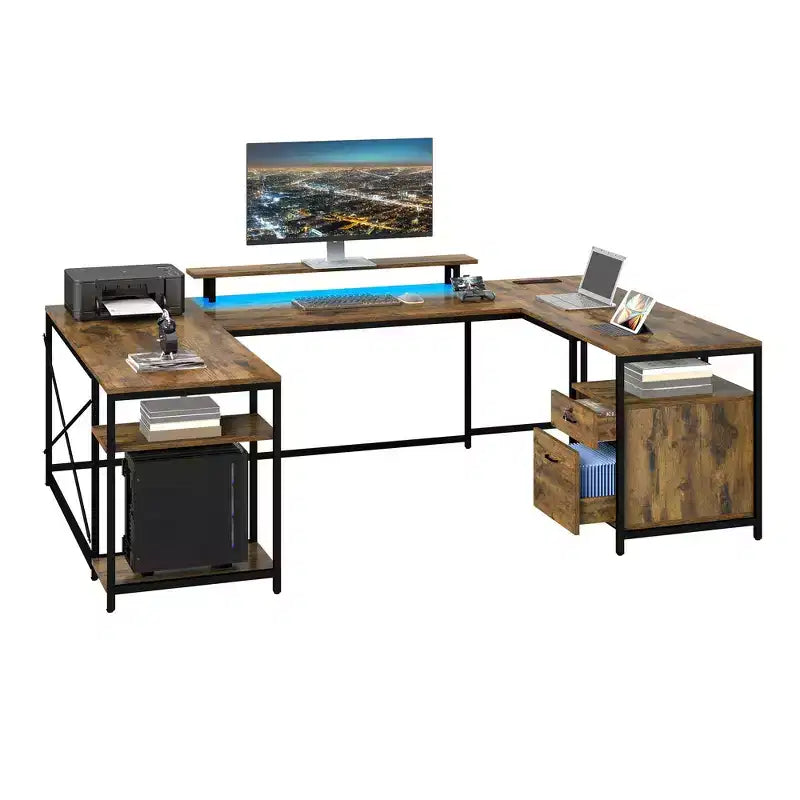 Bureau en U de 79 pouces, bureau réversible en L avec tiroirs, bureau d'angle pour ordinateur avec support d'écran et étagères de rangement