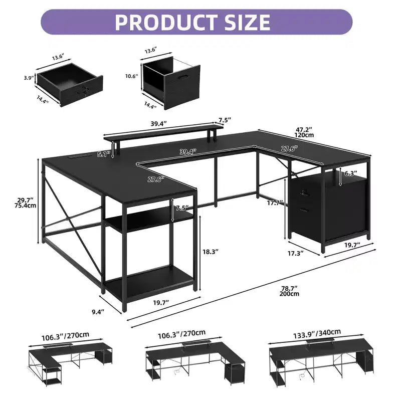 Bureau en U de 79 pouces, bureau réversible en L avec tiroirs, bureau d'angle pour ordinateur avec support d'écran et étagères de rangement