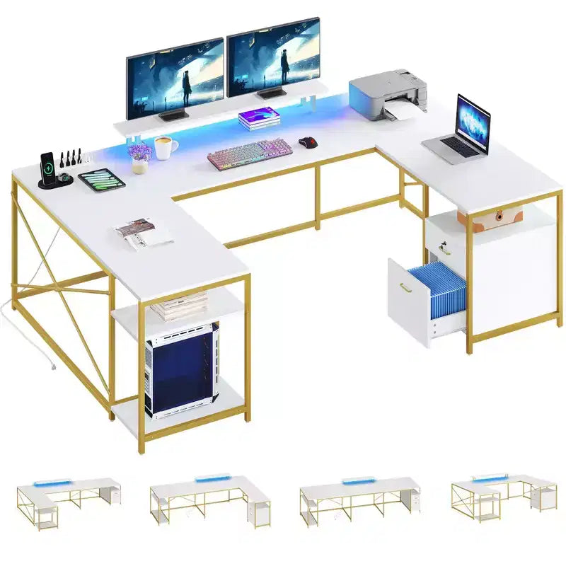 Bureau en U de 79 pouces, bureau réversible en L avec tiroirs, bureau d'angle pour ordinateur avec support d'écran et étagères de rangement