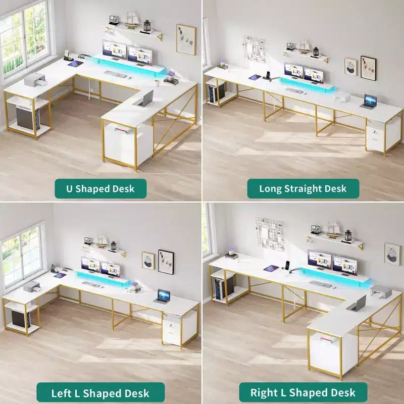 Bureau en U de 79 pouces, bureau réversible en L avec tiroirs, bureau d'angle pour ordinateur avec support d'écran et étagères de rangement