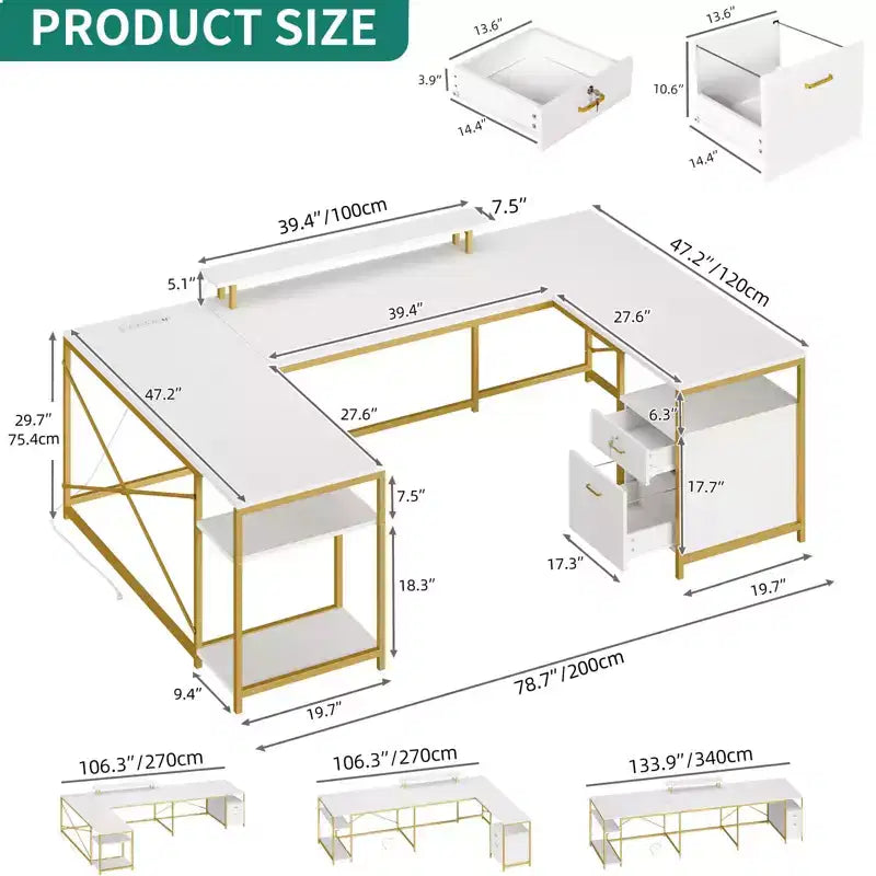 Bureau en U de 79 pouces, bureau réversible en L avec tiroirs, bureau d'angle pour ordinateur avec support d'écran et étagères de rangement