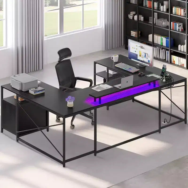 Bureau en U de 79 pouces, bureau réversible en L avec tiroirs, bureau d'angle pour ordinateur avec support d'écran et étagères de rangement