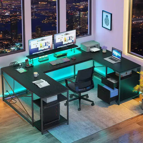 79inch U Shaped Desk Reversible L Shaped Desk With Drawers Corner Computer Desk Office Desk With Monitor Stand & Storage Shelves