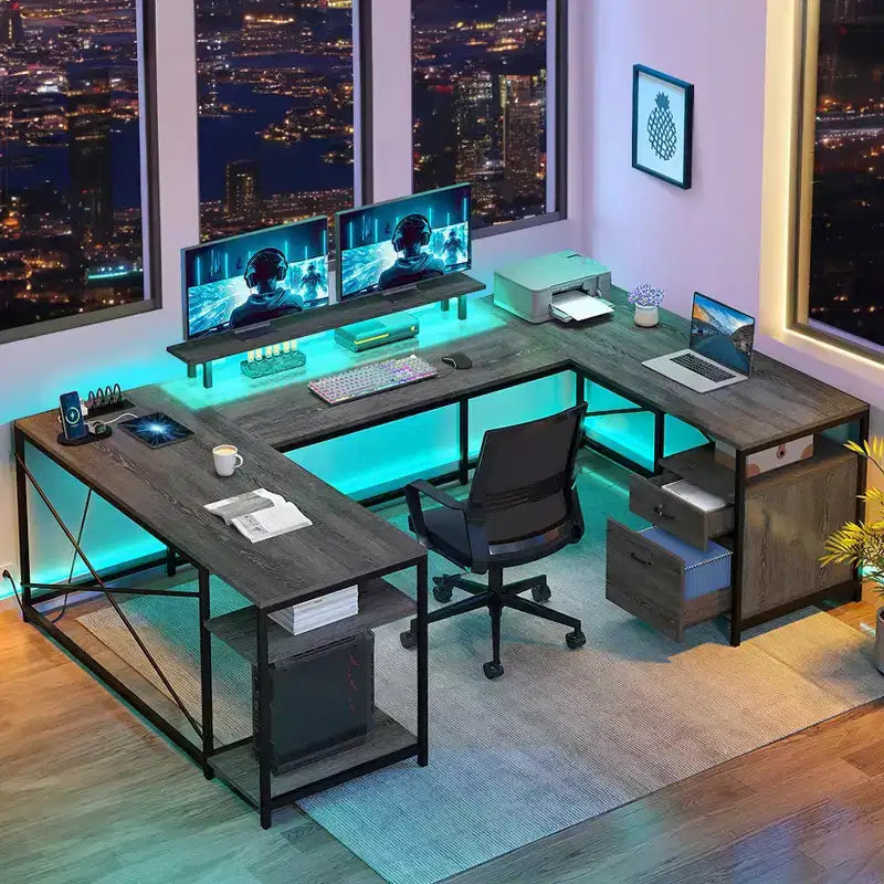 Bureau en U de 79 pouces, bureau réversible en L avec tiroirs, bureau d'angle pour ordinateur avec support d'écran et étagères de rangement