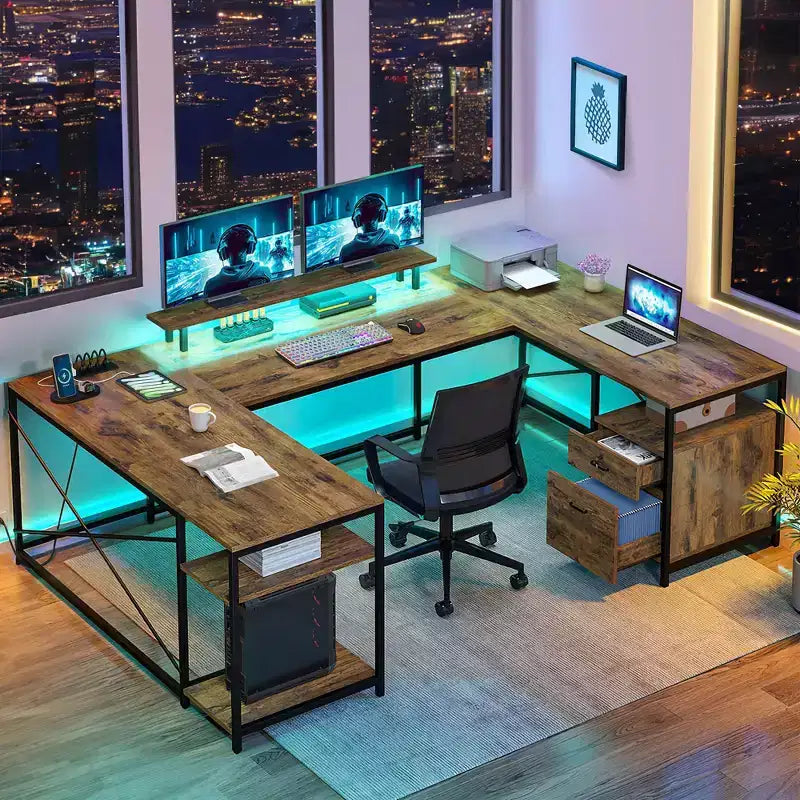 Bureau en U de 79 pouces, bureau réversible en L avec tiroirs, bureau d'angle pour ordinateur avec support d'écran et étagères de rangement