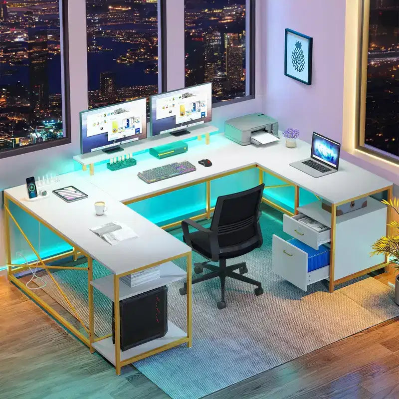 Bureau en U de 79 pouces, bureau réversible en L avec tiroirs, bureau d'angle pour ordinateur avec support d'écran et étagères de rangement