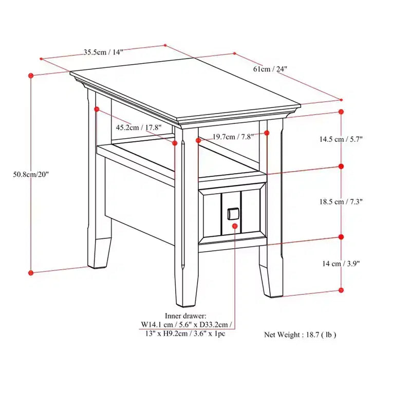 Table d'appoint étroite de style transitionnel en bois massif de 14 pouces de large avec tiroir Normandy
