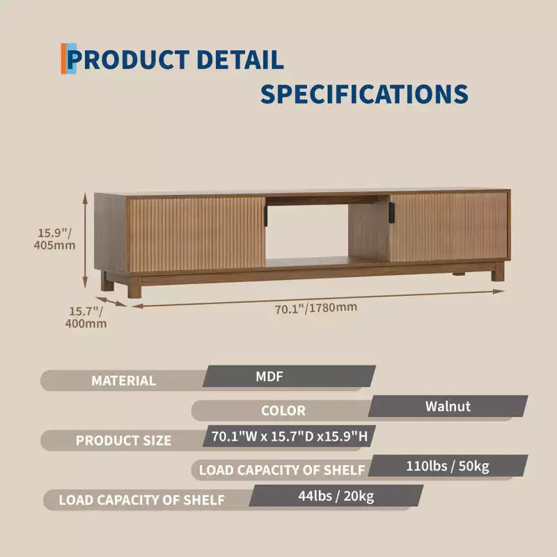 Meuble TV bas moderne du milieu du siècle de 40,4 cm de hauteur, console TV cannelée de 177,8 cm de long avec étagère de rangement ouverte et portes cannelées pour salon, chambre à coucher