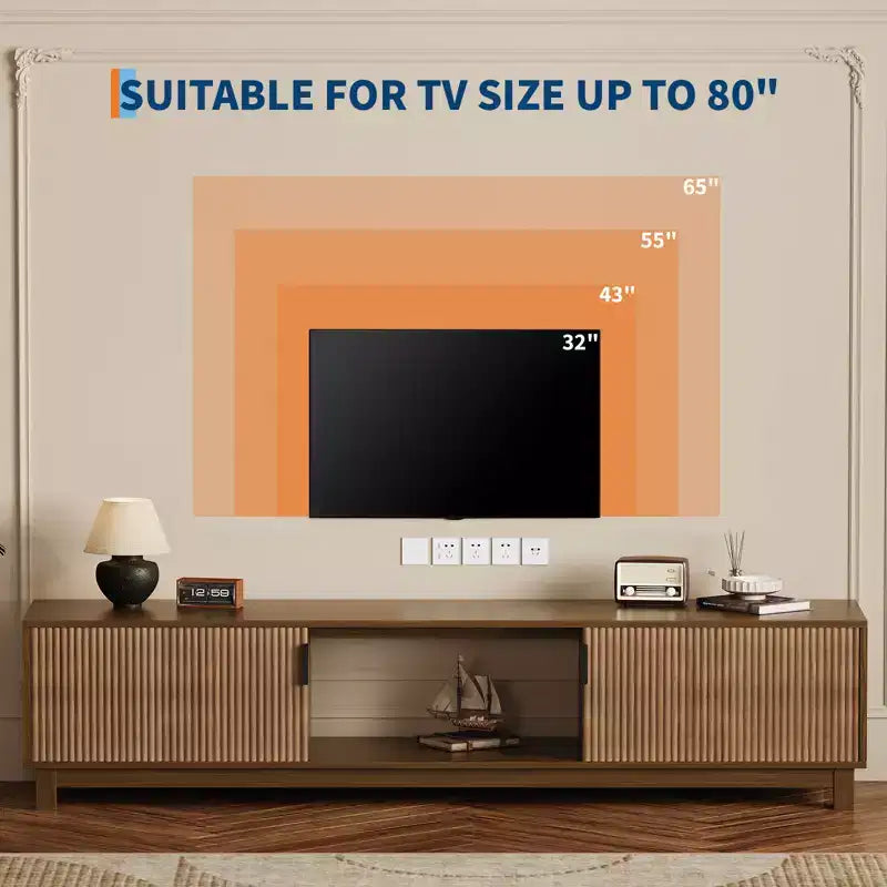 Meuble TV bas moderne du milieu du siècle de 40,4 cm de hauteur, console TV cannelée de 177,8 cm de long avec étagère de rangement ouverte et portes cannelées pour salon, chambre à coucher