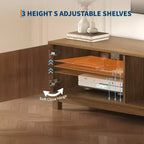 Meuble TV bas moderne du milieu du siècle de 40,4 cm de hauteur, console TV cannelée de 177,8 cm de long avec étagère de rangement ouverte et portes cannelées pour salon, chambre à coucher