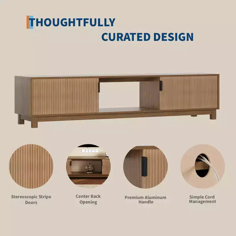 Meuble TV bas moderne du milieu du siècle de 40,4 cm de hauteur, console TV cannelée de 177,8 cm de long avec étagère de rangement ouverte et portes cannelées pour salon, chambre à coucher