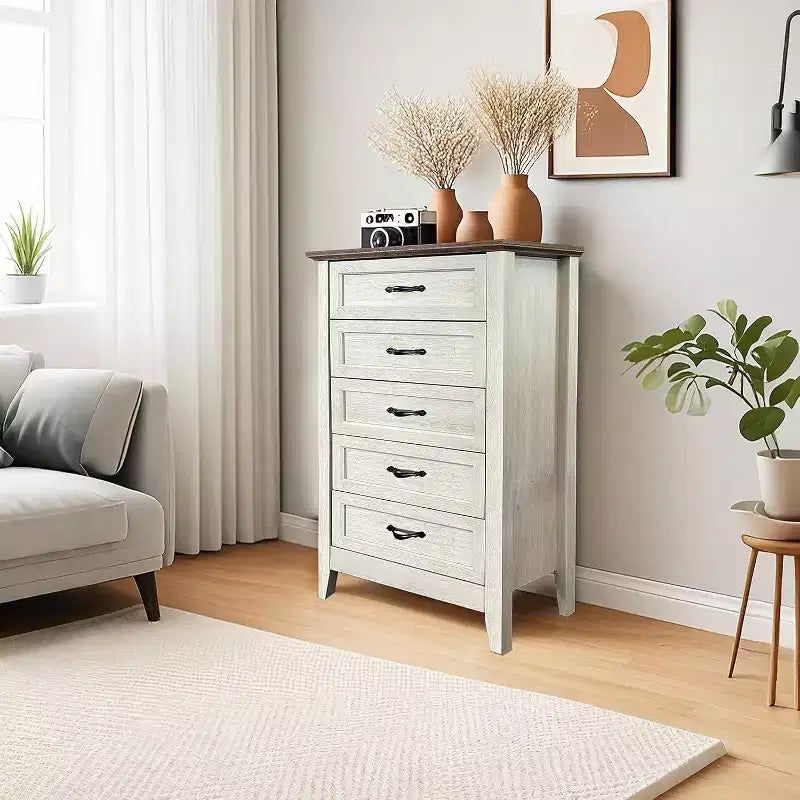 Commode à 5 tiroirs de 114 cm de haut de style ferme pour chambre, commode verticale en bois, commode rustique pour armoire, chambre d'enfant, salon